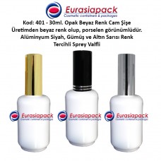 Alüminyum Spreyli Porselen Görünümlü Opak Beyaz Cam Parfüm Şişesi Kod 401 - 30ml.