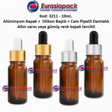 Cam Pipetli Damlalıklı Amber Renk Cam Şişe 10ml - Kod 3211