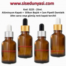 Cam Pipetli Damlalıklı Amber Renk Cam Şişe 25ml - Kod 3225