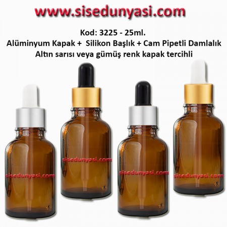 Cam Pipetli Damlalıklı Amber Renk Cam Şişe 25ml - Kod 3225