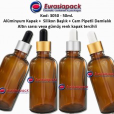 Cam Pipetli Damlalıklı Amber Renk Cam Şişe 50ml - Kod 3050