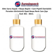 Porselen Görünümlü 30ml. Cam Pipet + Altın Sarısı Kapak + Beyaz Başlıklı Damlalıklı Şişe