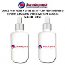 Porselen Görünümlü 30ml. Cam Pipet + Gümüş Renk Kapak + Beyaz Başlıklı Damlalıklı Şişe