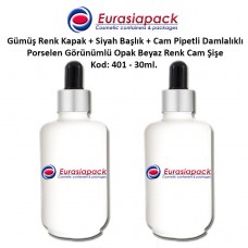 Porselen Görünümlü 30ml. Cam Pipet + Gümüş Renk Kapak + Siyah Başlıklı Damlalıklı Şişe