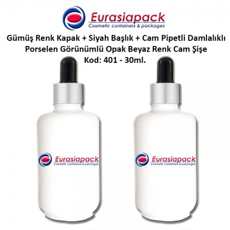 Porselen Görünümlü 30ml. Cam Pipet + Gümüş Renk Kapak + Siyah Başlıklı Damlalıklı Şişe