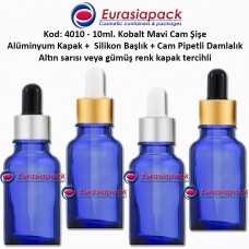 Cam Pipetli Damlalıklı Kobalt Mavi Cam Şişe 10ml - Kod 4010