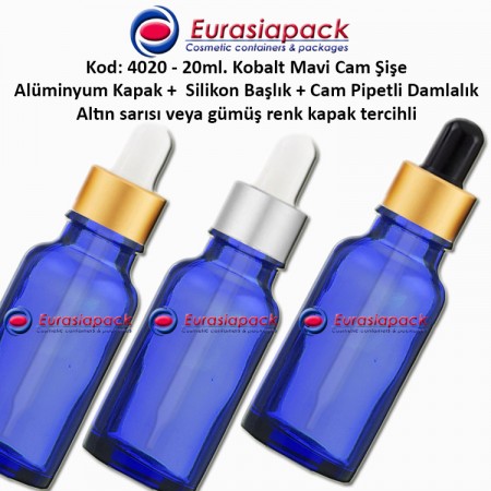 Cam Pipetli Damlalıklı Kobalt Mavi Cam Şişe 20ml - Kod 4020