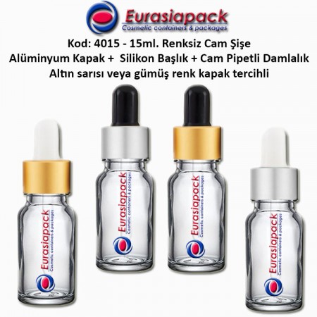 Cam Pipetli Damlalıklı Renksiz/Naturel Cam Şişe 15ml - Kod 4015
