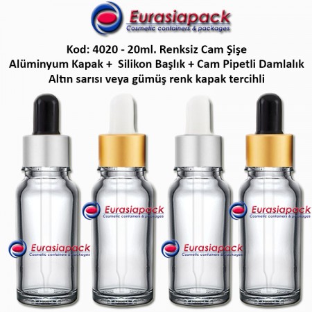 Cam Pipetli Damlalıklı Renksiz/Naturel Cam Şişe 20ml - Kod 4020