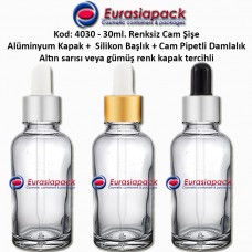 Cam Pipetli Damlalıklı Renksiz/Naturel Cam Şişe 30ml - Kod 4030