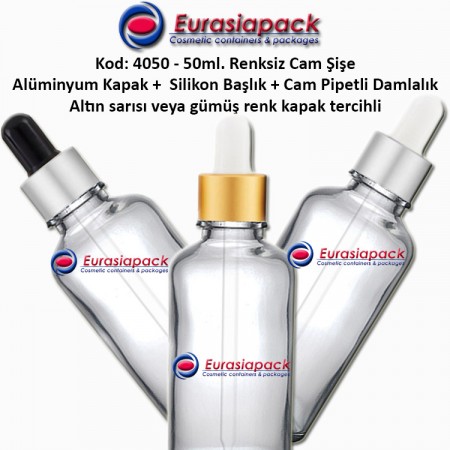 Cam Pipetli Damlalıklı Renksiz/Naturel Cam Şişe 50ml - Kod 4050