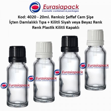  Damlalık Tıpalı Renksiz Cam Şişe Kod: 4020 - 20ml.