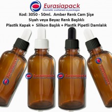 Plastik Pipetli Damlalıklı Amber Renk Cam Şişe 50ml - Kod 3050