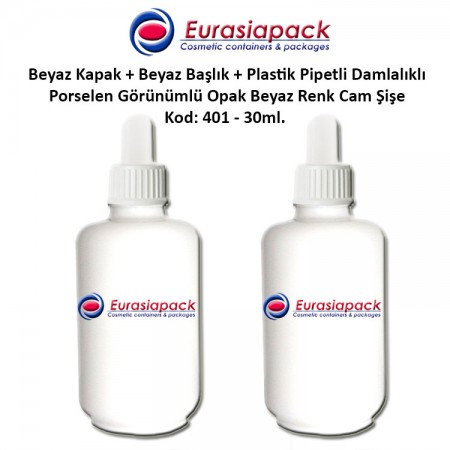 Porselen Görünümlü 30ml. Plastik Pipet + Beyaz Plastik Kapak + Beyaz Başlıklı Damlalıklı Şişe