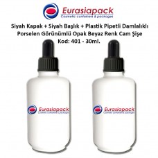 Porselen Görünümlü 30ml. Plastik Pipet + Siyah Plastik Kapak + Siyah Başlıklı Damlalıklı Şişe