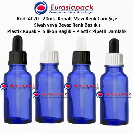 Plastik Pipetli Damlalıklı Kobalt Mavi Cam Şişe 20ml - Kod 4020