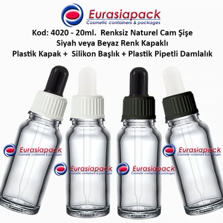 Plastik Pipetli Damlalıklı Renksiz Cam Şişe 20ml - Kod 4020