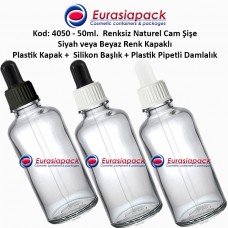 Plastik Pipetli Damlalıklı Renksiz Cam Şişe 50ml - Kod 4050