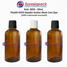 Kilitli Kapaklı Cam Amber İlaç Şişesi 50ml. Kod 3050