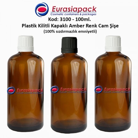 Kilitli Kapaklı Cam Amber İlaç Şişesi 100ml. Kod 3100