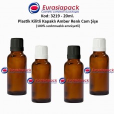 Kilitli Kapaklı Cam Amber İlaç Şişesi 20ml. Kod 3219