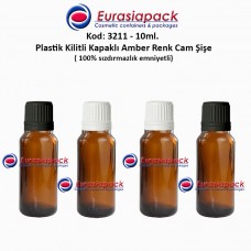 Kilitli Kapaklı Cam Amber İlaç Şişesi 10ml. Kod 3211