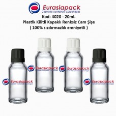 Kilitli Kapaklı Cam Renksiz İlaç Şişesi 20ml. Kod 4020