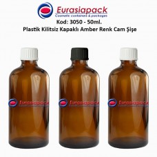 Kilitsiz Kapaklı Cam Amber İlaç Şişesi 50ml. Kod 3050