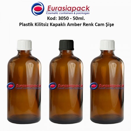 Kilitsiz Kapaklı Cam Amber İlaç Şişesi 50ml. Kod 3050