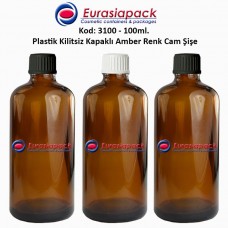 Kilitsiz Kapaklı Cam Amber İlaç Şişesi 100ml. Kod 3100