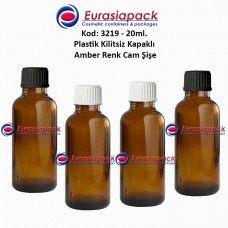 Kilitsiz Kapaklı Cam Amber İlaç Şişesi 20ml. Kod 3219