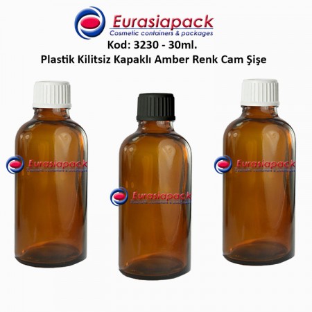 Kilitsiz Kapaklı Cam Amber İlaç Şişesi 30ml. Kod 3230