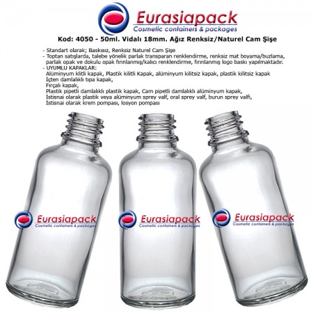 Cam İlaç - Ecza Şişesi 50ml. Renksiz Kod 4050